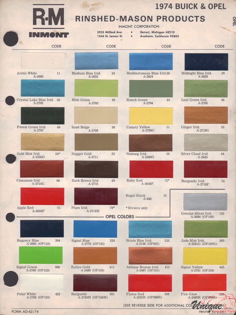 1974 Buick Paint Charts RM 1